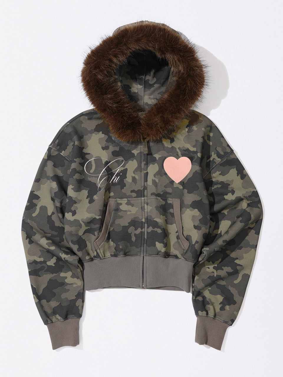 Faux Fur Trimming Hooded Zip-Up Forest Camo