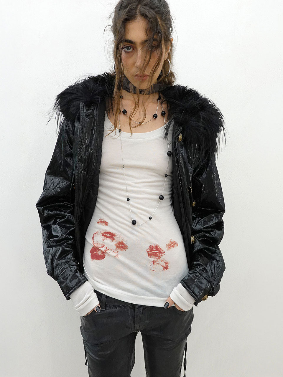 Glossy Fur Trim Jacket Black