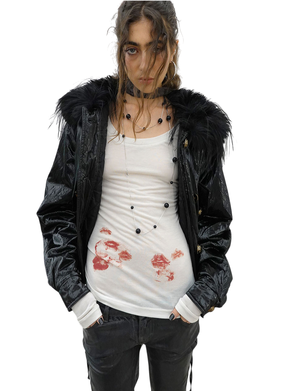 Glossy Fur Trim Jacket Black