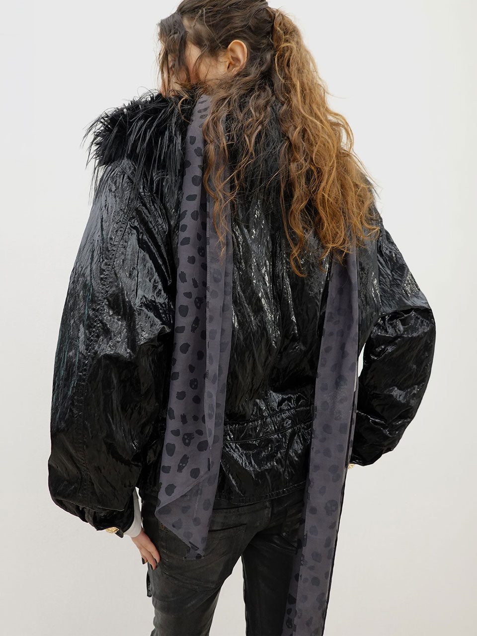 Glossy Fur Trim Jacket Black