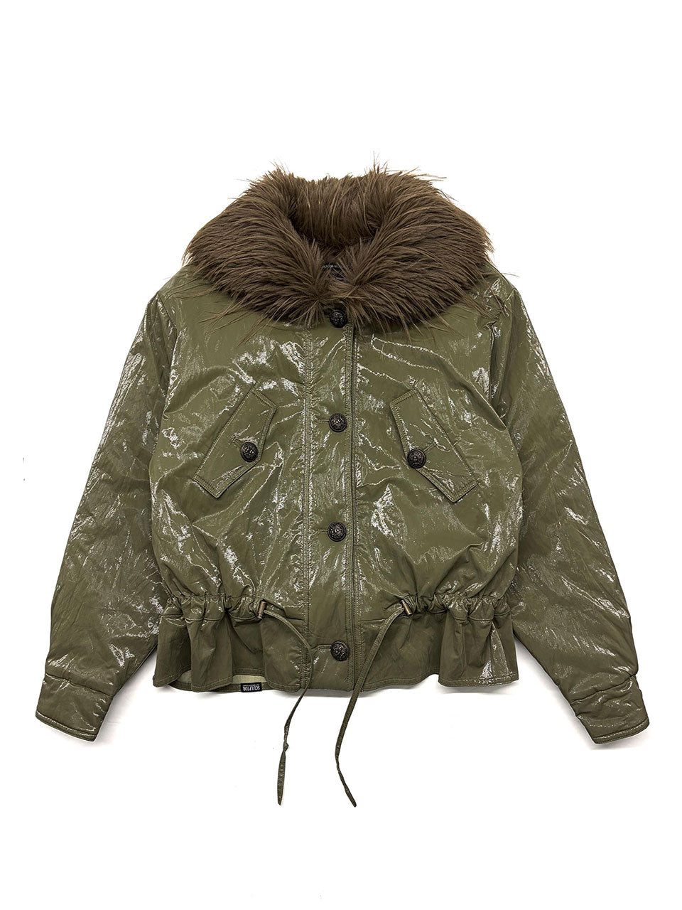 Glossy Fur Trim Jacket Khaki