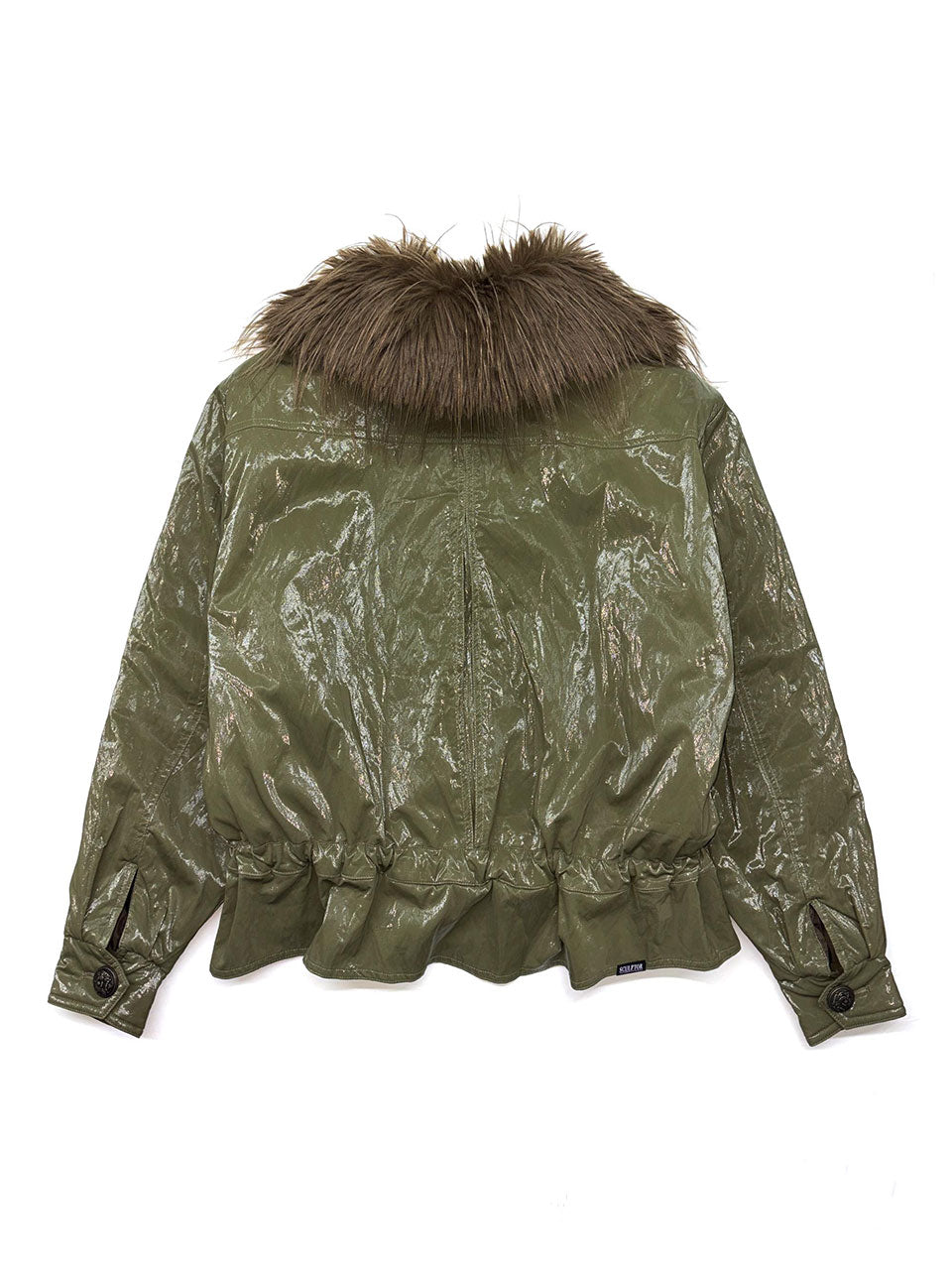 Glossy Fur Trim Jacket Khaki