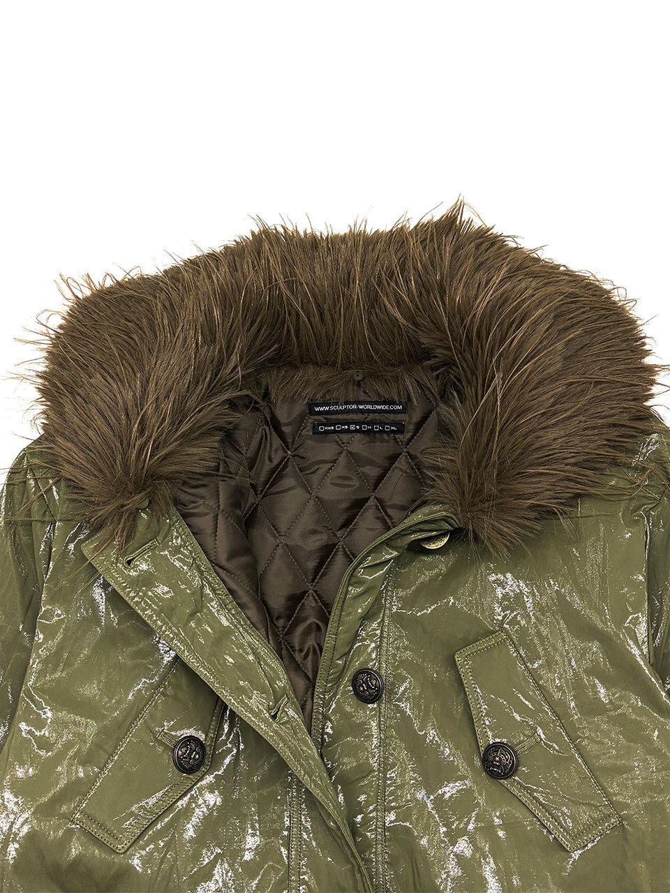 Glossy Fur Trim Jacket Khaki