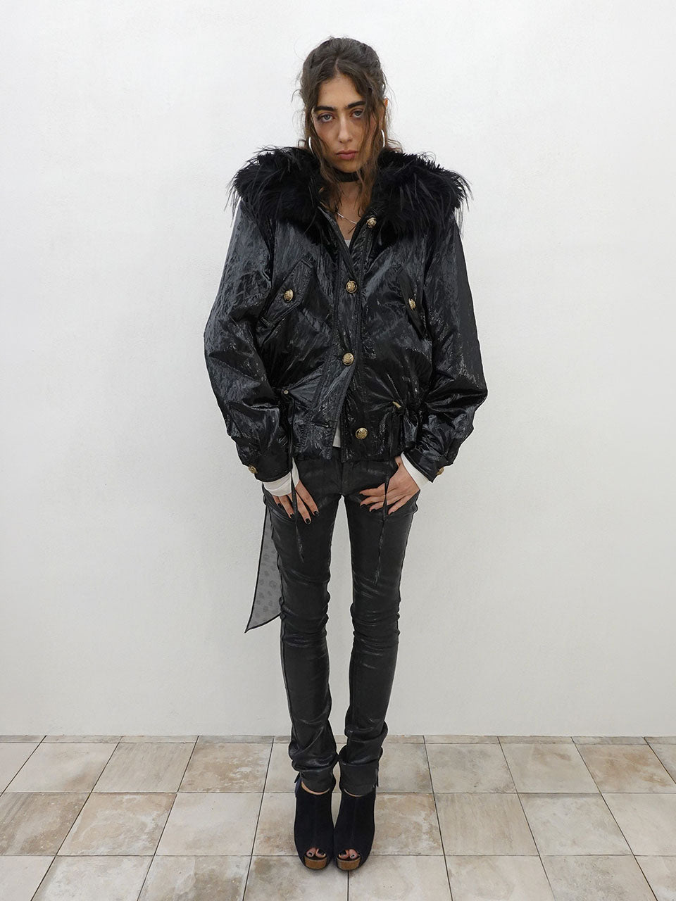 Glossy Fur Trim Jacket Black