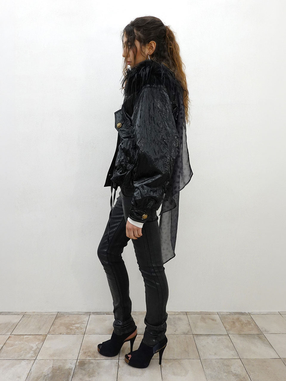 Glossy Fur Trim Jacket Black