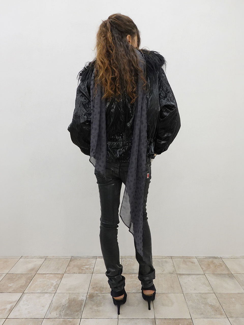 Glossy Fur Trim Jacket Black