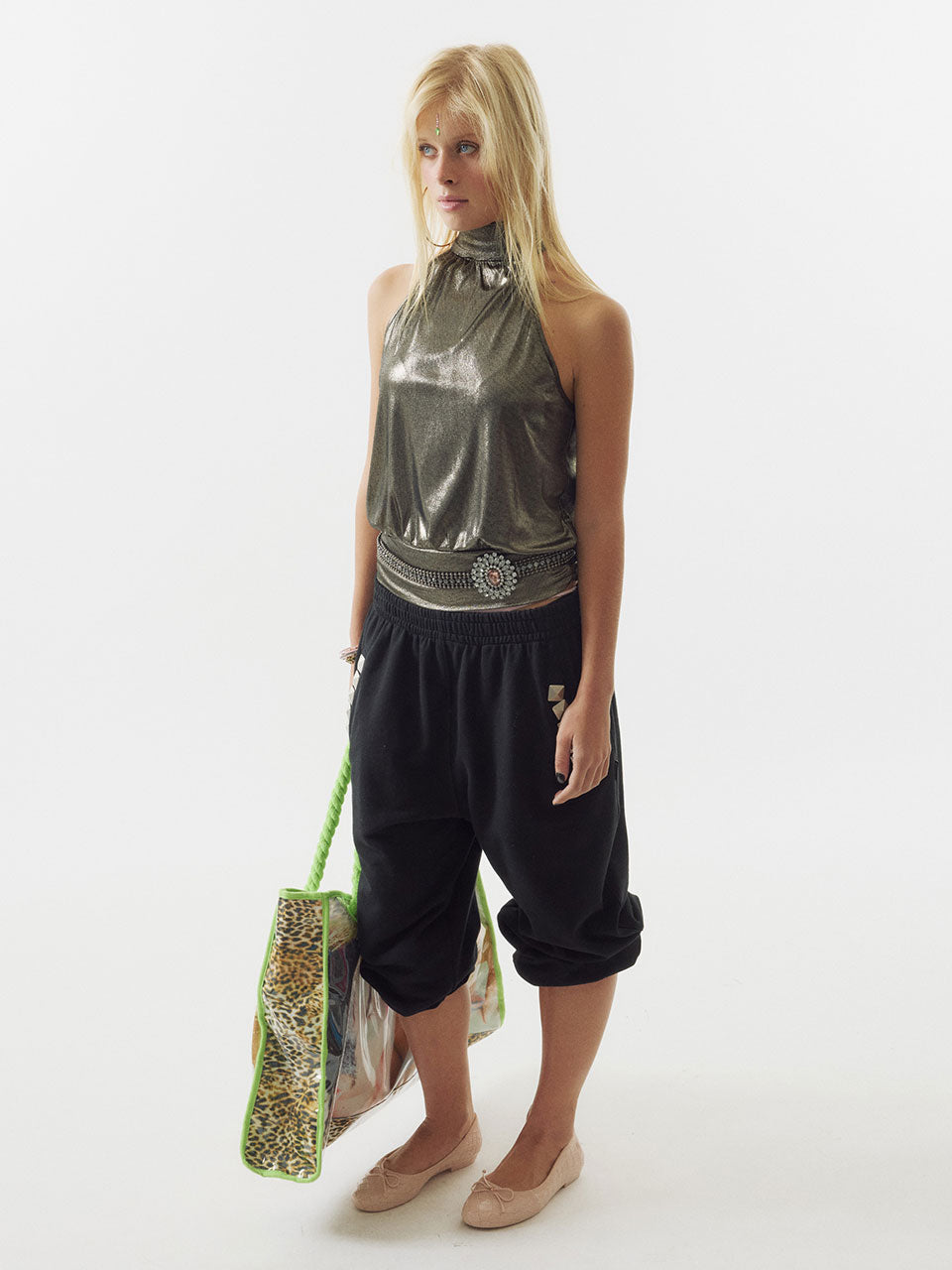Metallic High-Neck Halter Top Gun Metal