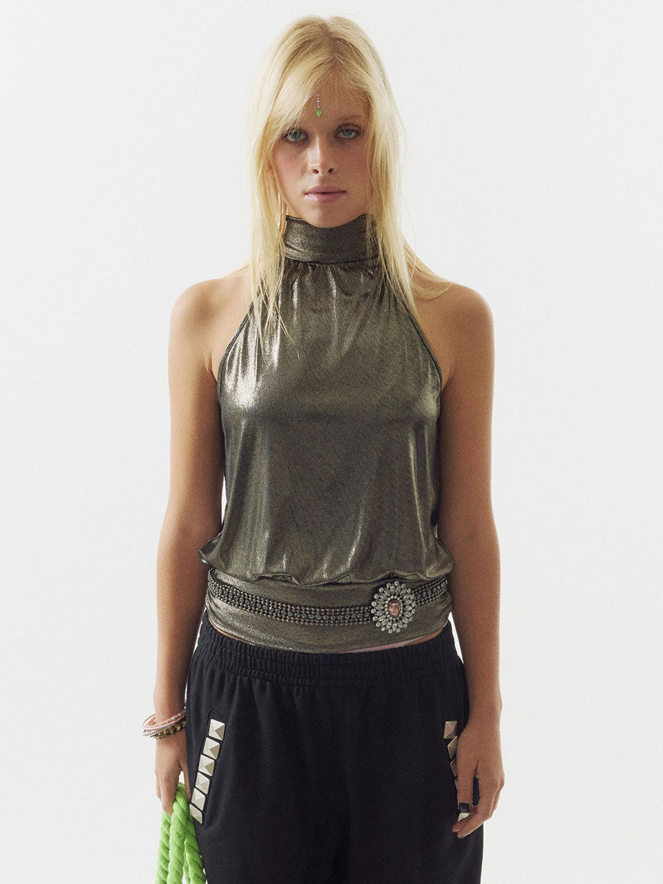 Metallic High-Neck Halter Top Gun Metal