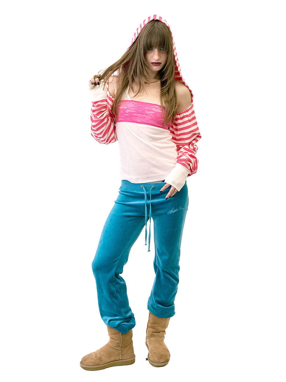 Hooded Stripe Scarf Bolero Acid Pink