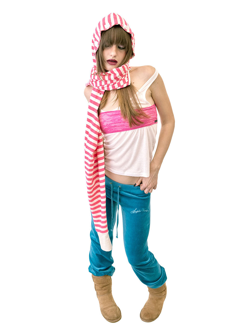 Hooded Stripe Scarf Bolero Acid Pink