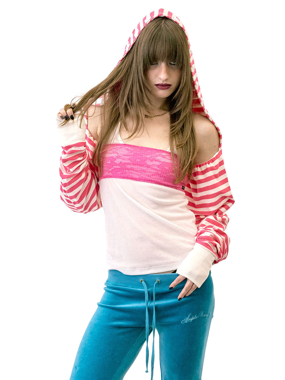 Hooded Stripe Scarf Bolero Acid Pink