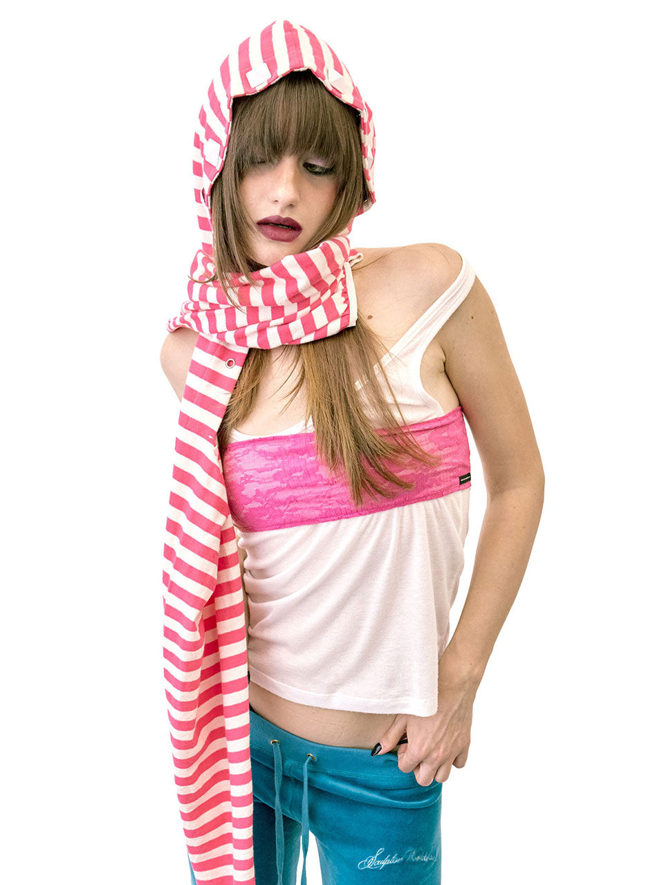 Hooded Stripe Scarf Bolero Acid Pink
