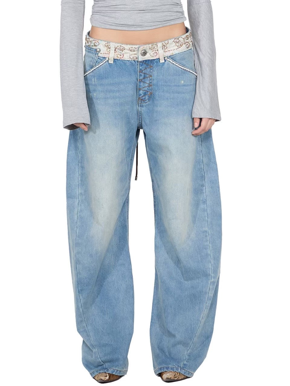 ★SCULPTOR★ Beaded Waist Denim Pants Mid Blue SC24A403MB Beaded Waist Denim Pants Mid Blue – SCULPTOR JAPAN
