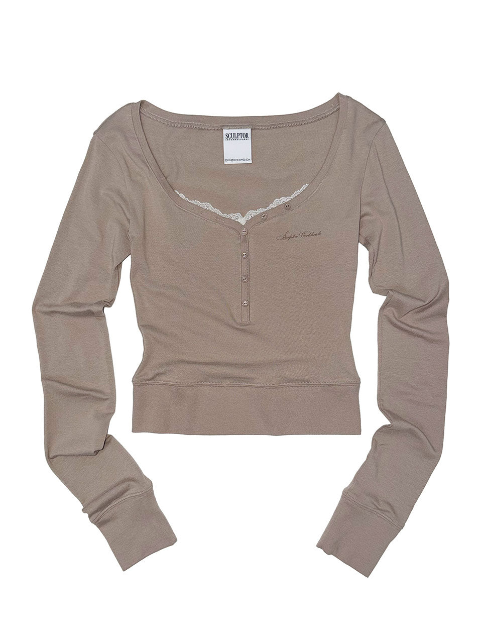 Lace Trim Henley Top Beige
