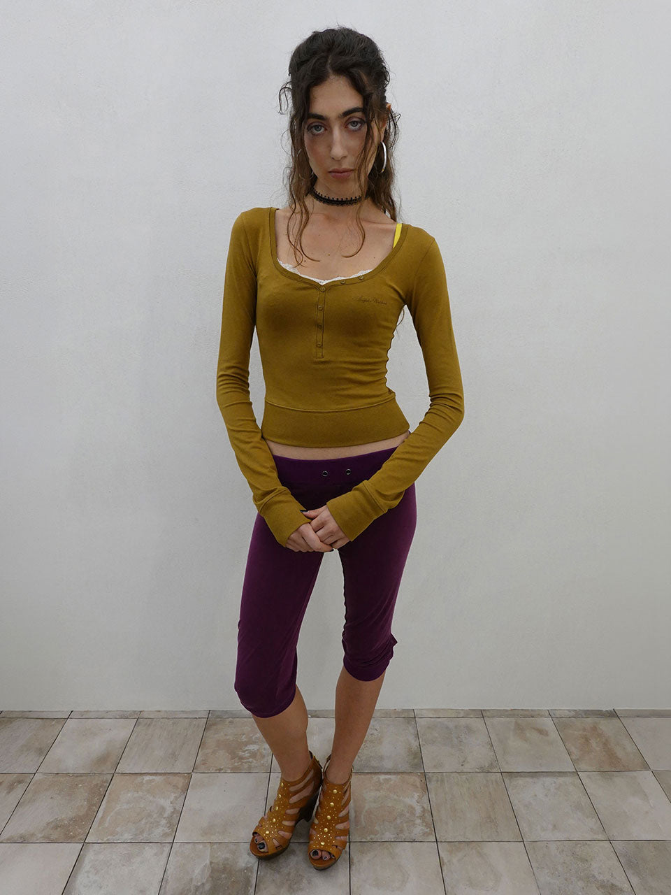 Lace Trim Henley Top Camel