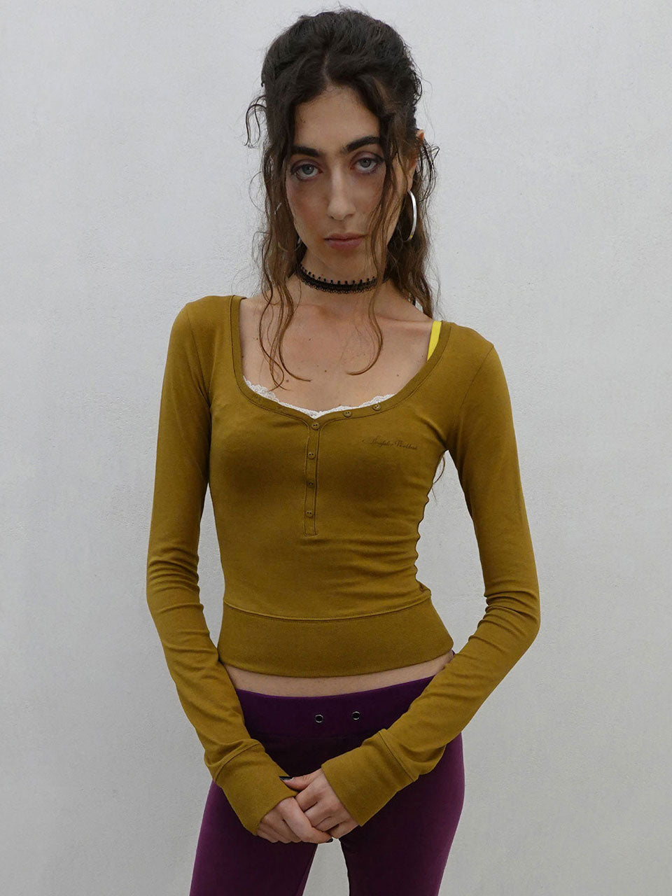 Lace Trim Henley Top Camel
