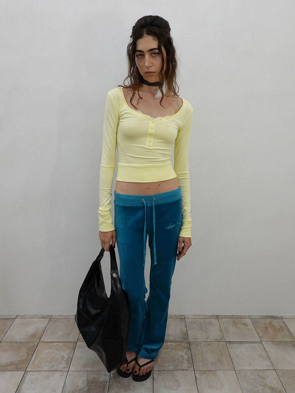 Lace Trim Henley Top Lemon