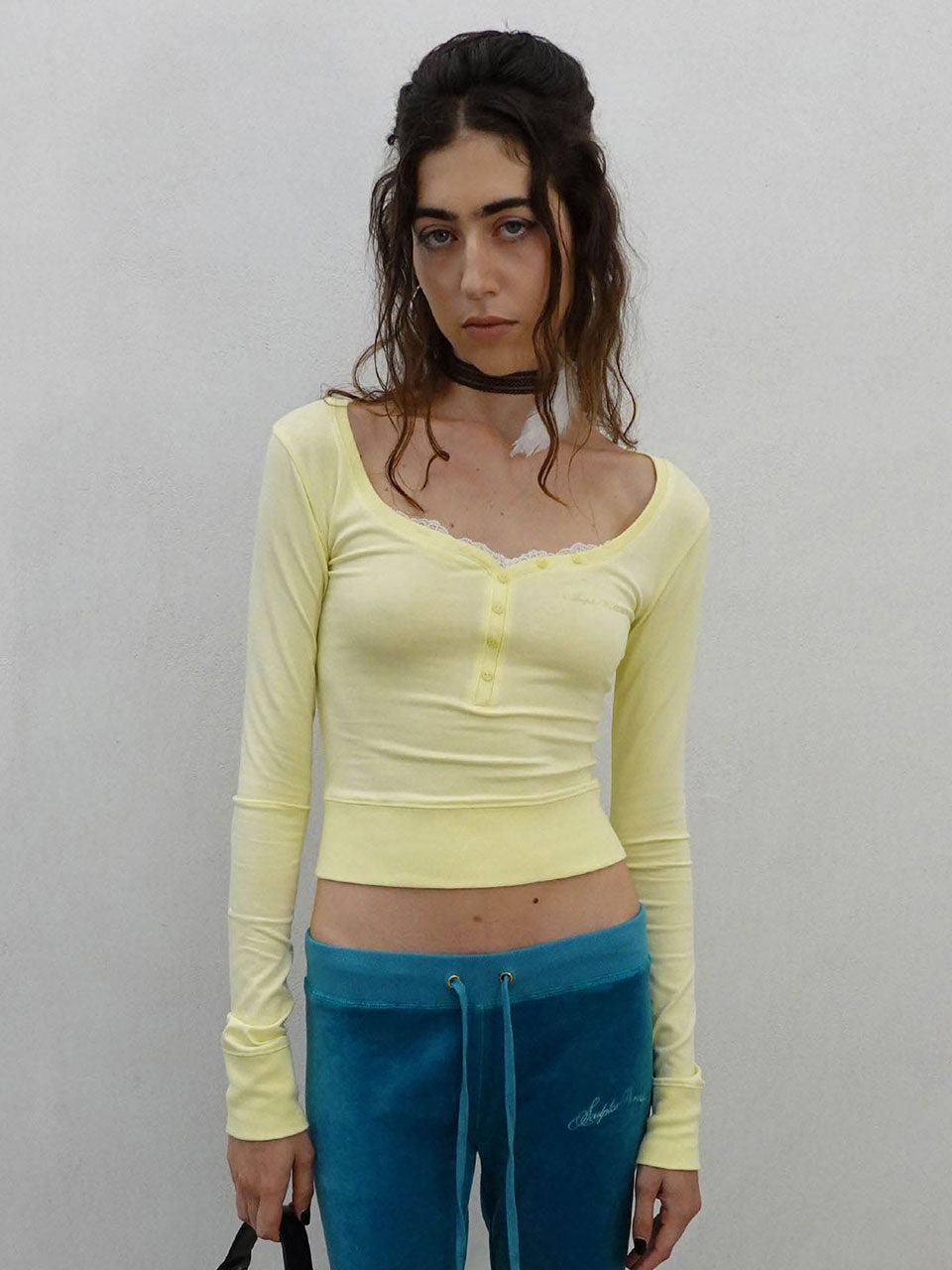 Lace Trim Henley Top Lemon