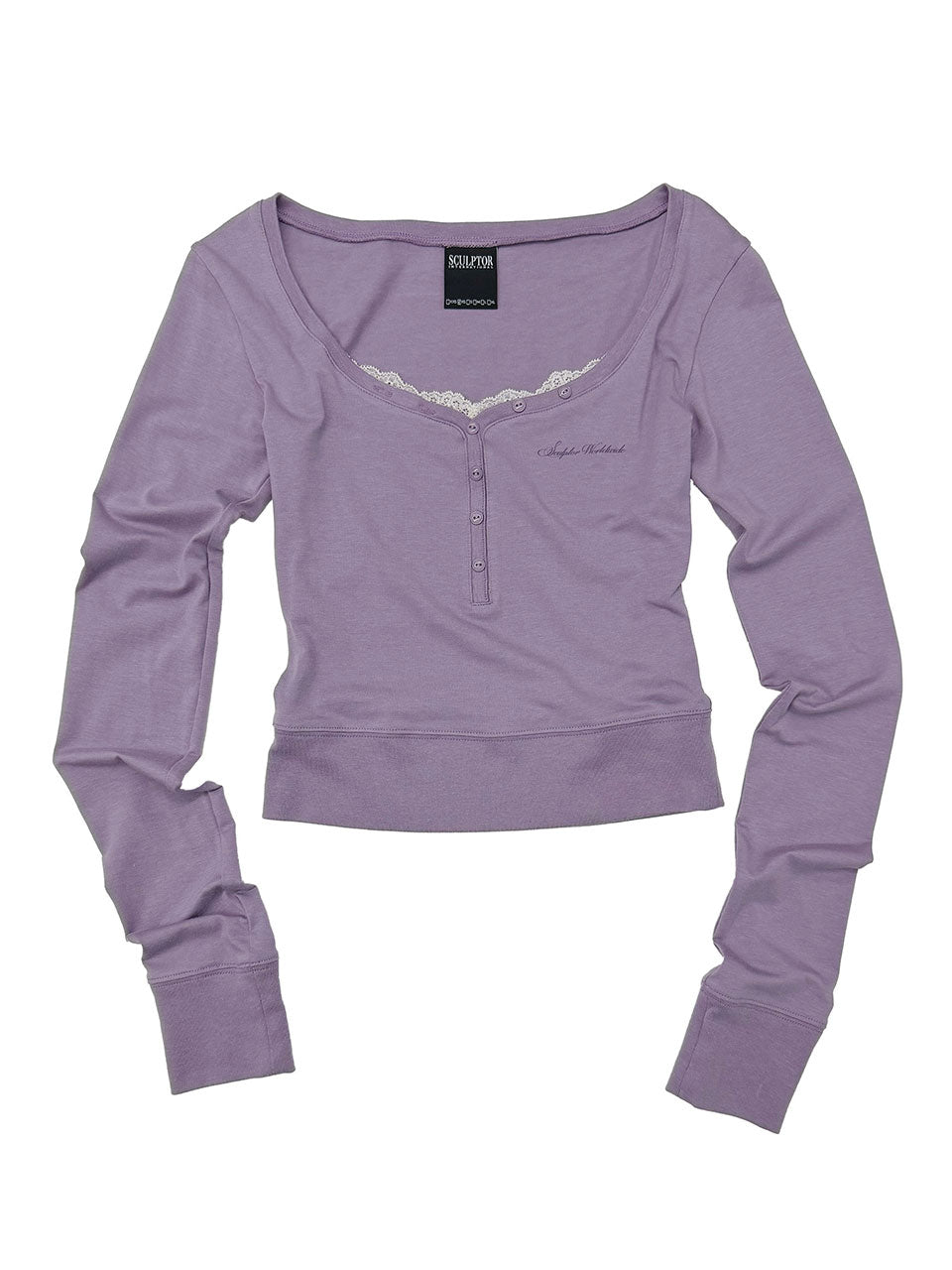 Lace Trim Henley Top Ube Purple