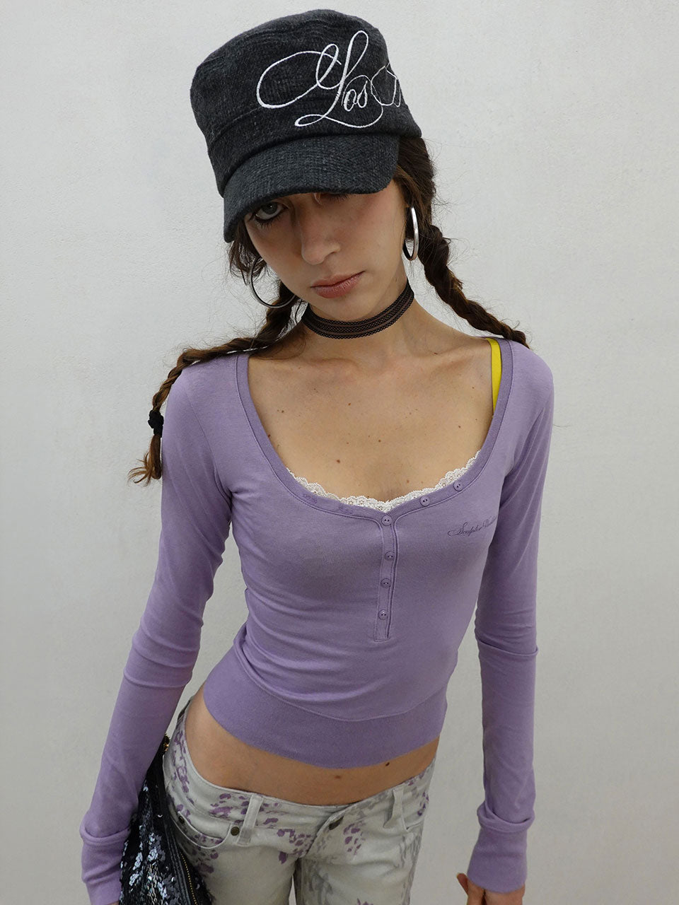 Lace Trim Henley Top Ube Purple