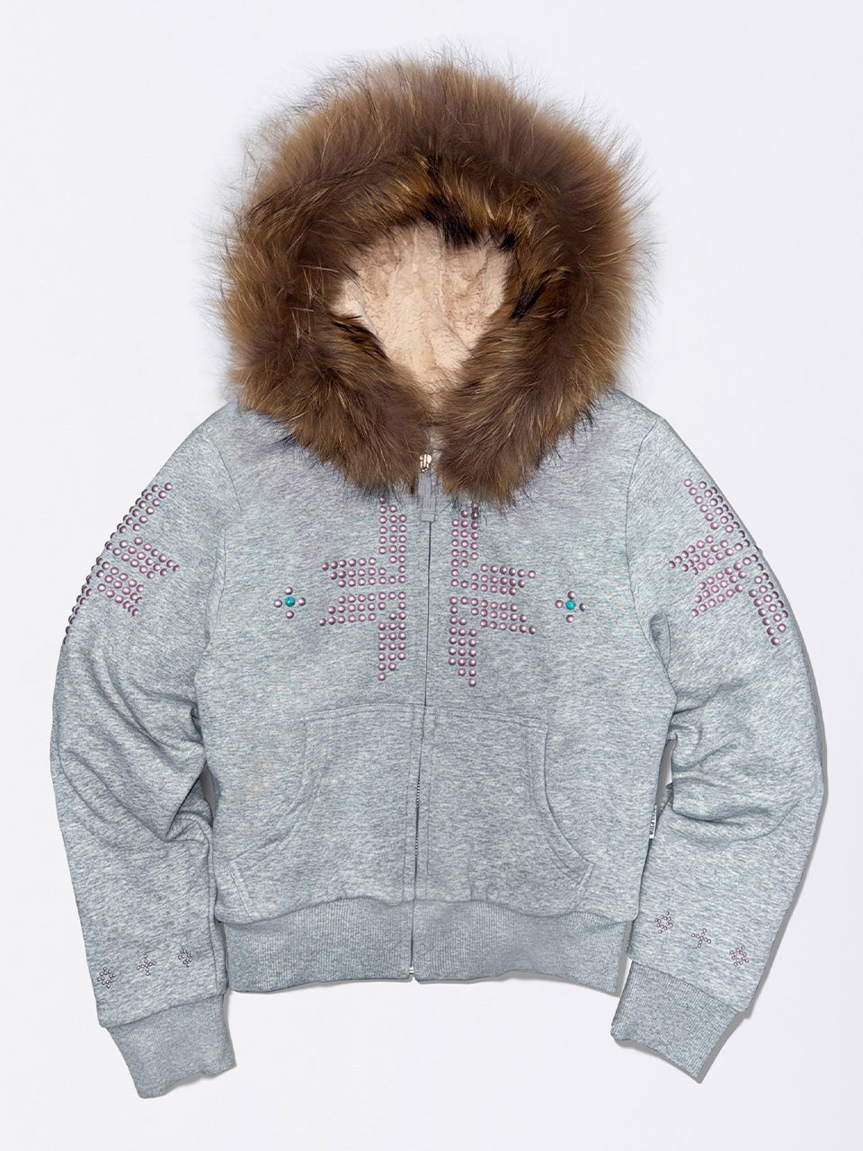 Fur Trimming Hooded Zip-Up Melange Gray