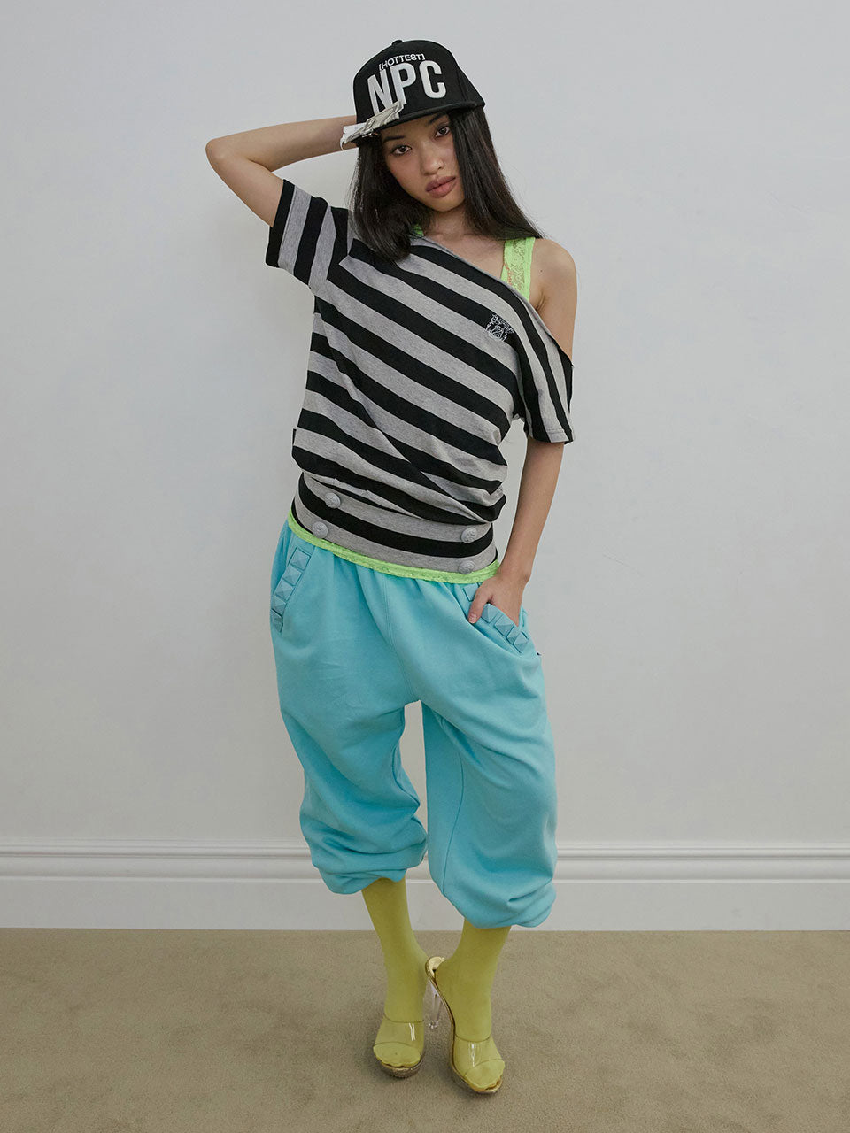 Button Stripe Tee Melange Gray