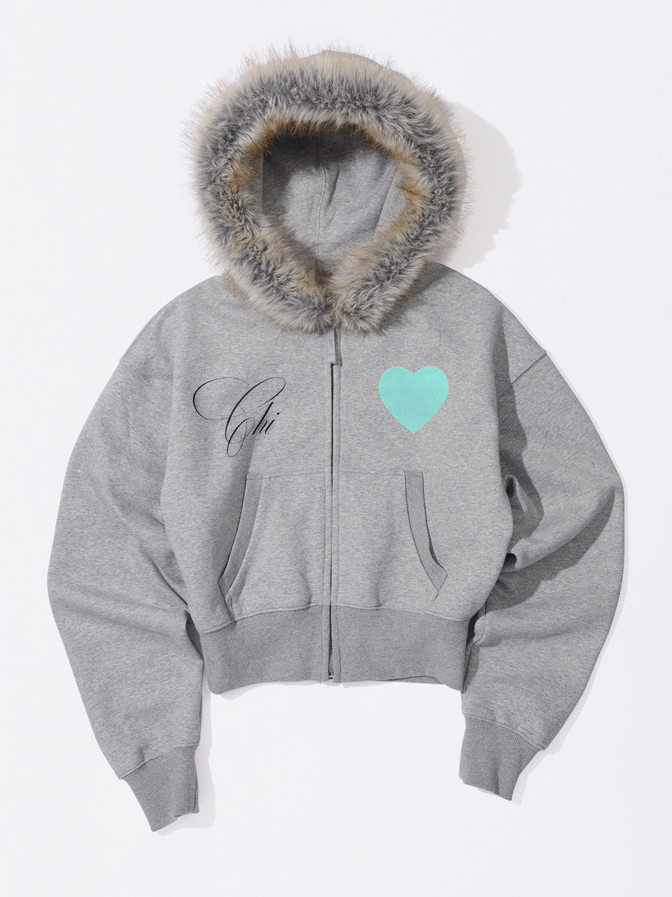 Faux Fur Trimming Hooded Zip-Up Melange Gray