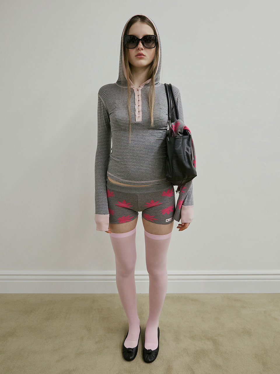 Striped Button Down Hoodie Melange Gray