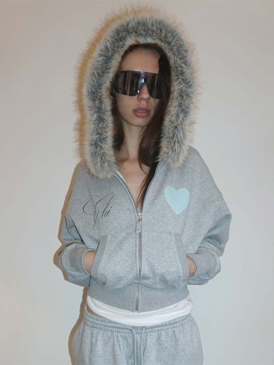 Faux Fur Trimming Hooded Zip-Up Melange Gray