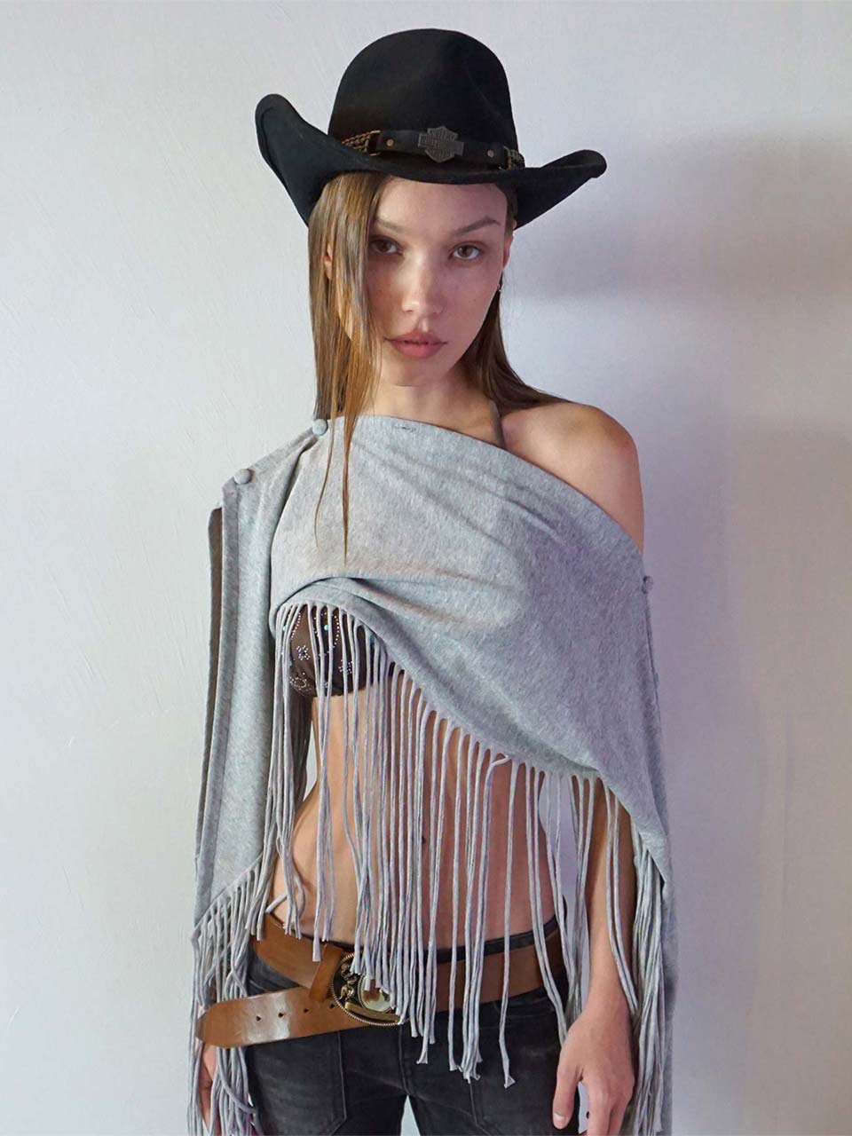 Versatile Fringe Cape Melange Gray