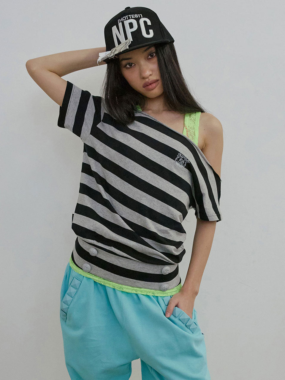 Button Stripe Tee Melange Gray