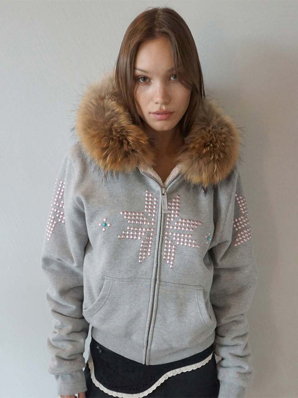 Fur Trimming Hooded Zip-Up Melange Gray
