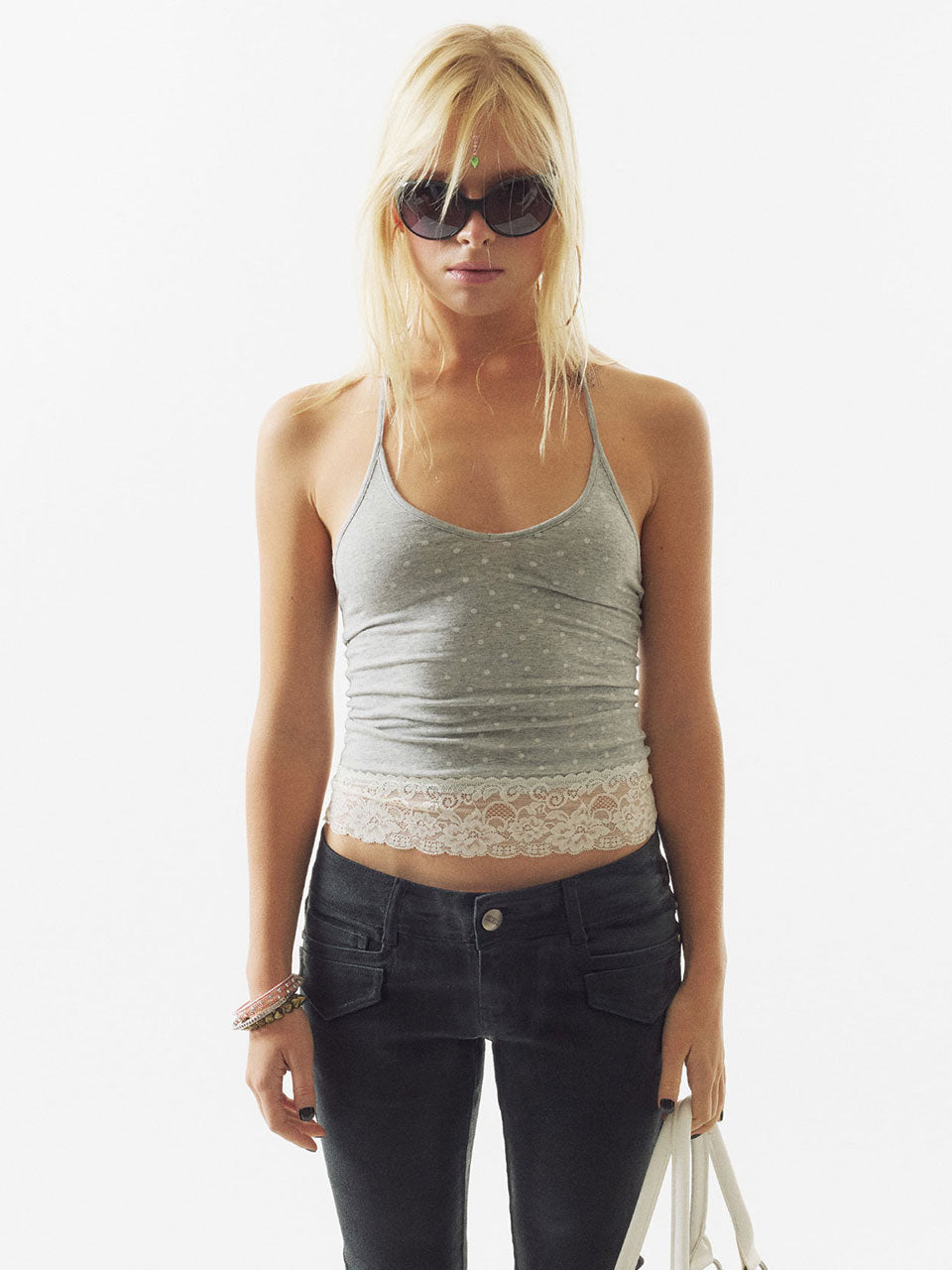 Dot Lace Halter Top Melange Gray