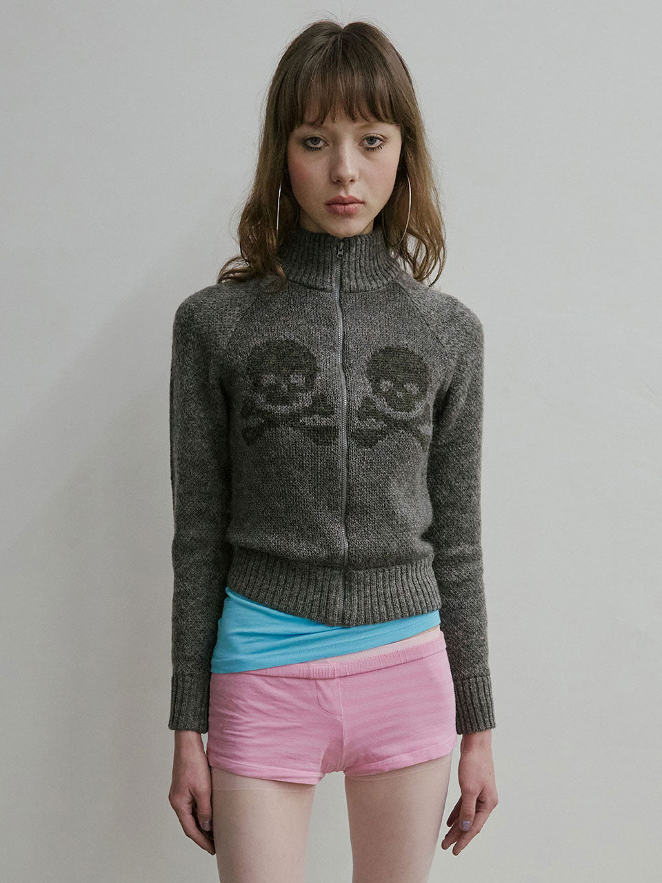 Skull Zip-Up Sweater Melange Gray