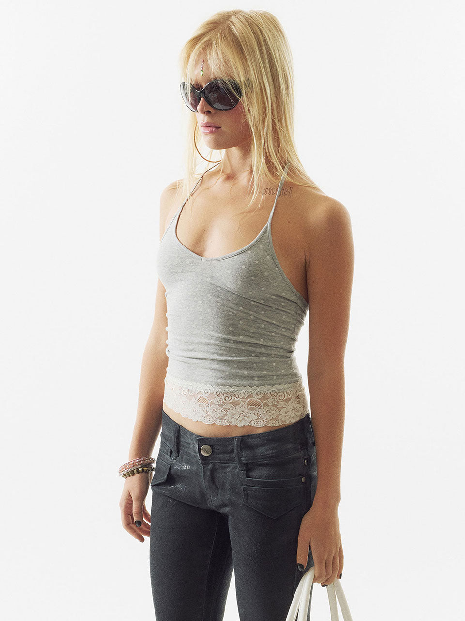 Dot Lace Halter Top Melange Gray