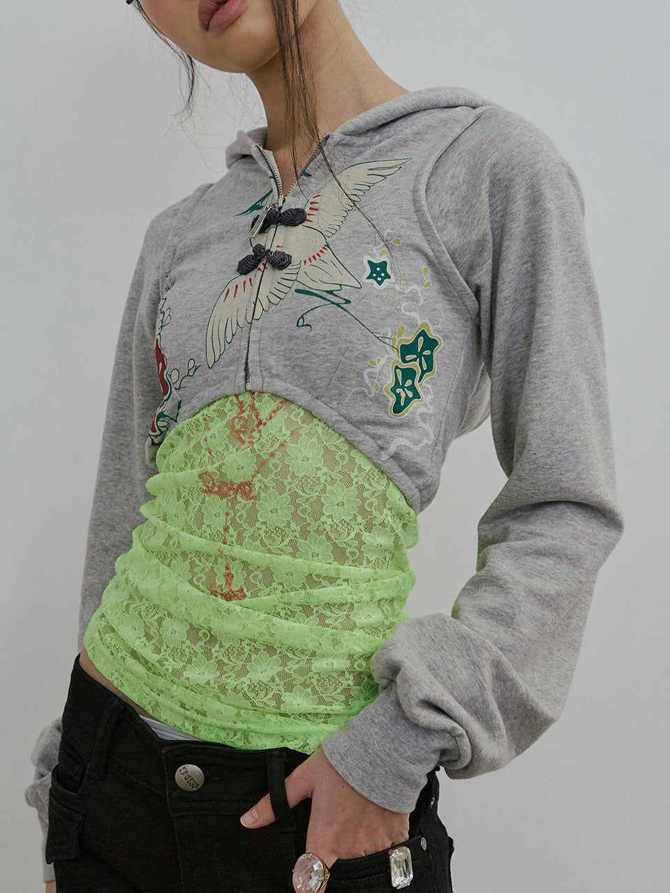 Zen Crop Hooded Zip-Up Melange Gray