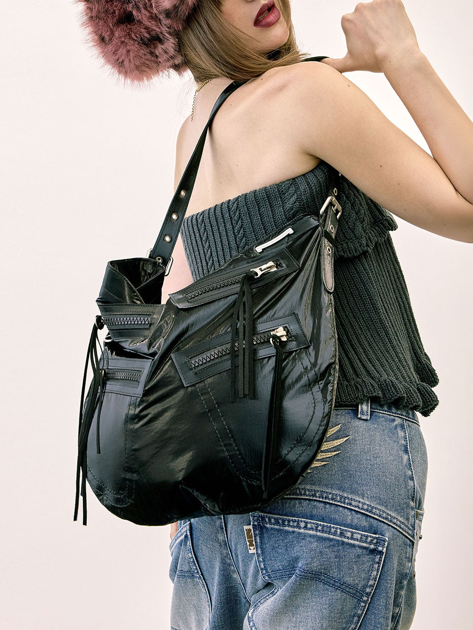 Metallic Hobo Bag Black