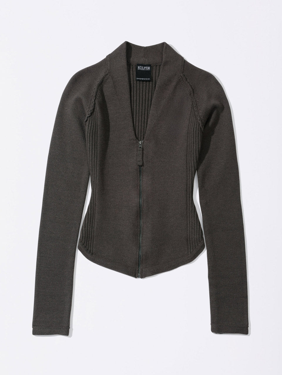 Open Collar Knit Zip-Up Mocha