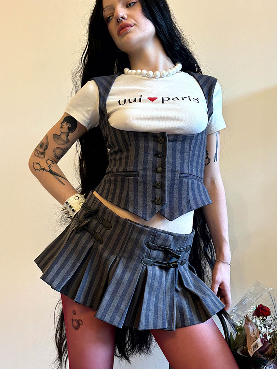 Micro Stripe Wrap Skirt Navy