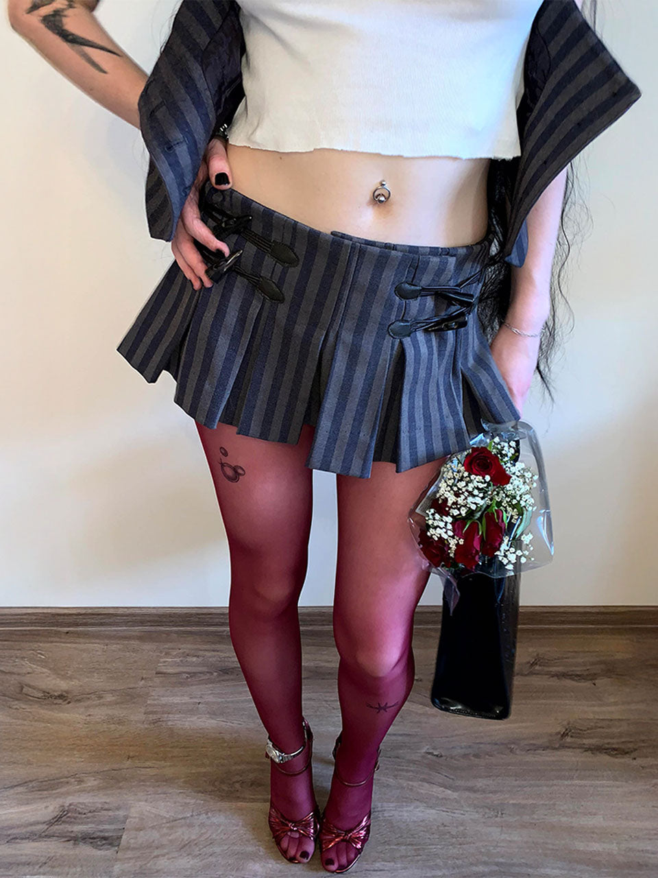 Micro Stripe Wrap Skirt Navy