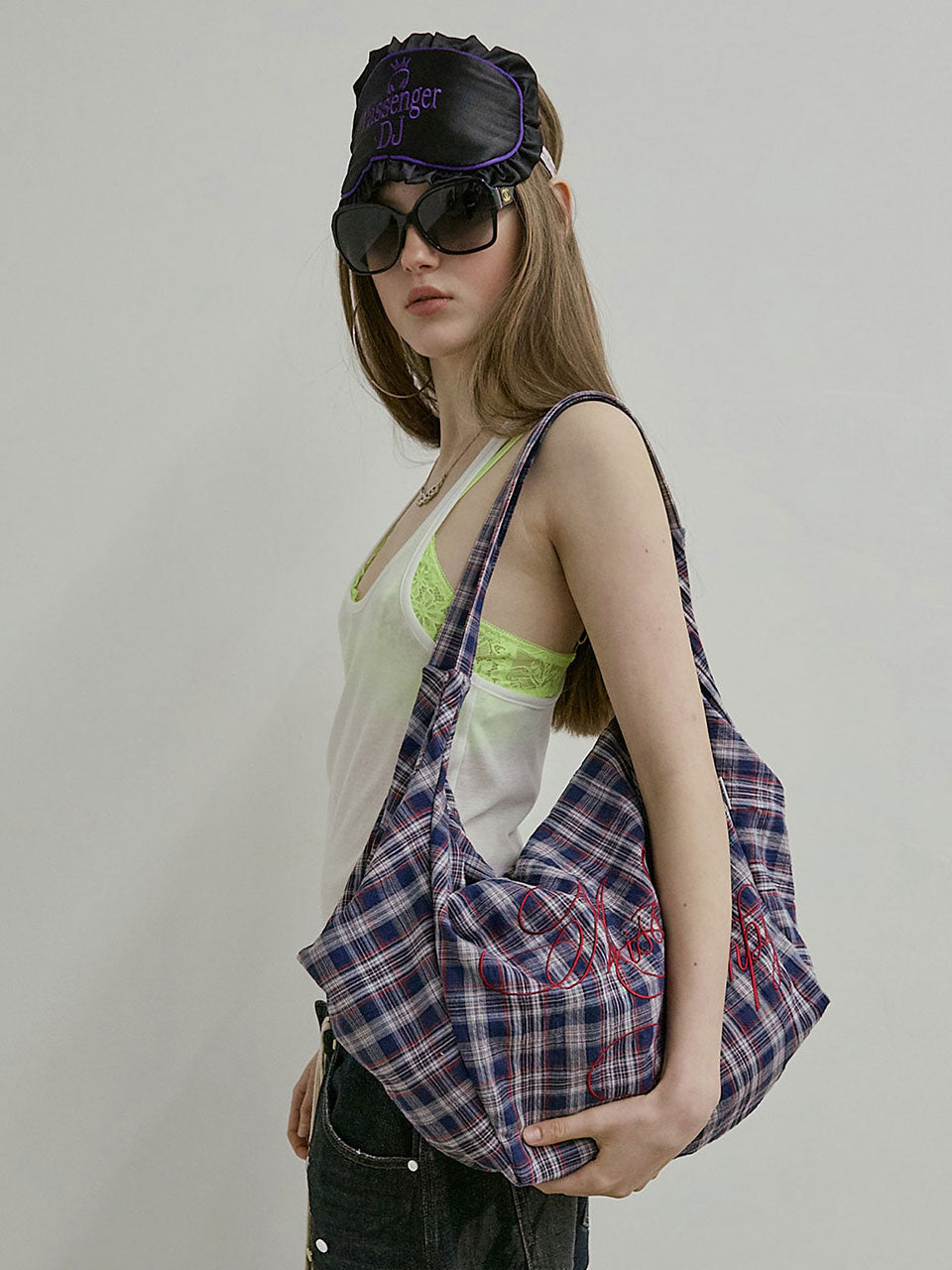 Plaid Big Hobo Bag Navy