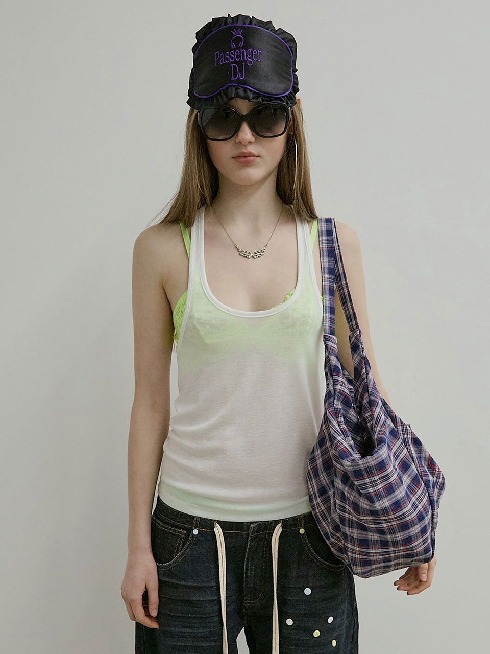 Plaid Big Hobo Bag Navy