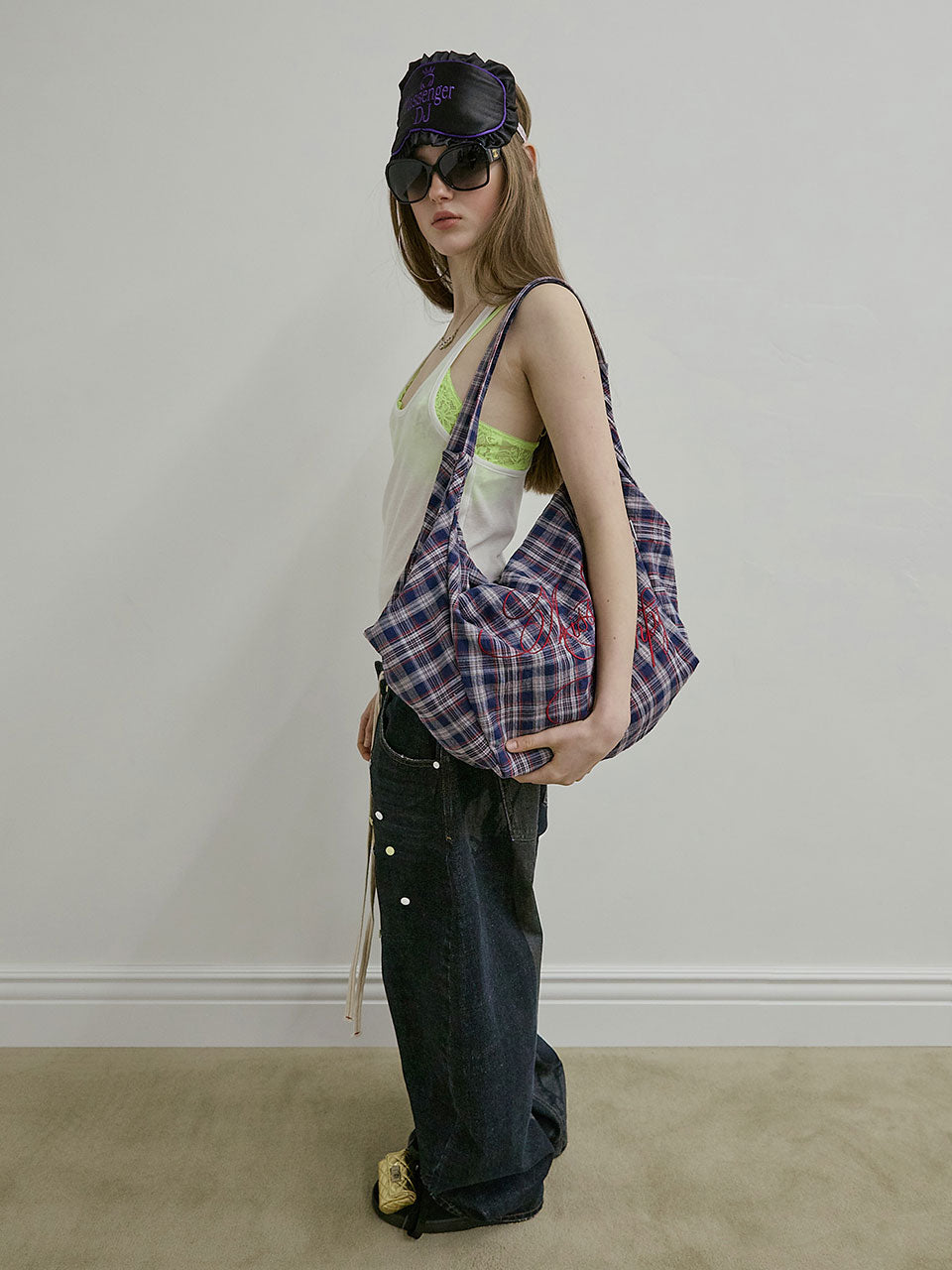 Plaid Big Hobo Bag Navy