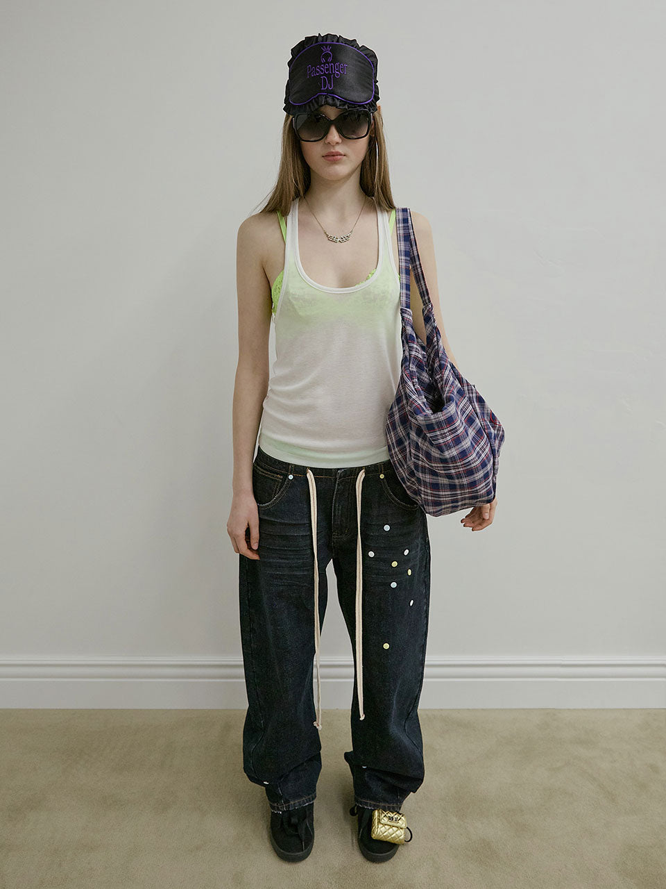 Plaid Big Hobo Bag Navy