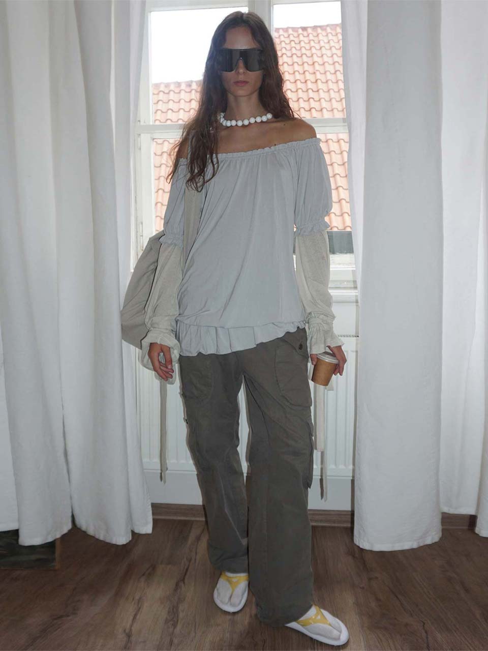 Soft Shirring Layered Tee Pale Gray