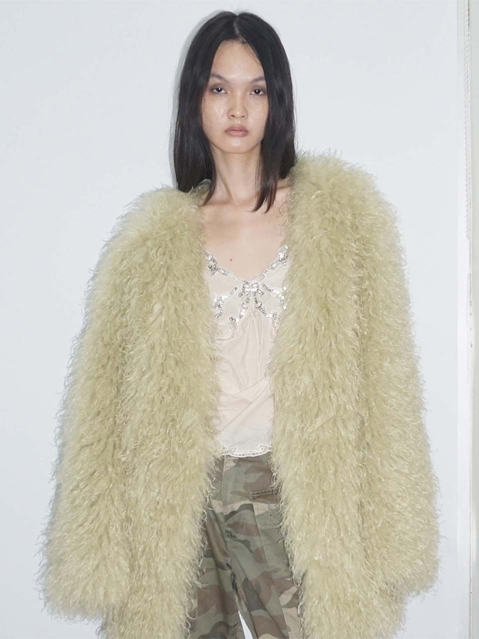Faux Fur Middle Jacket Pale Green
