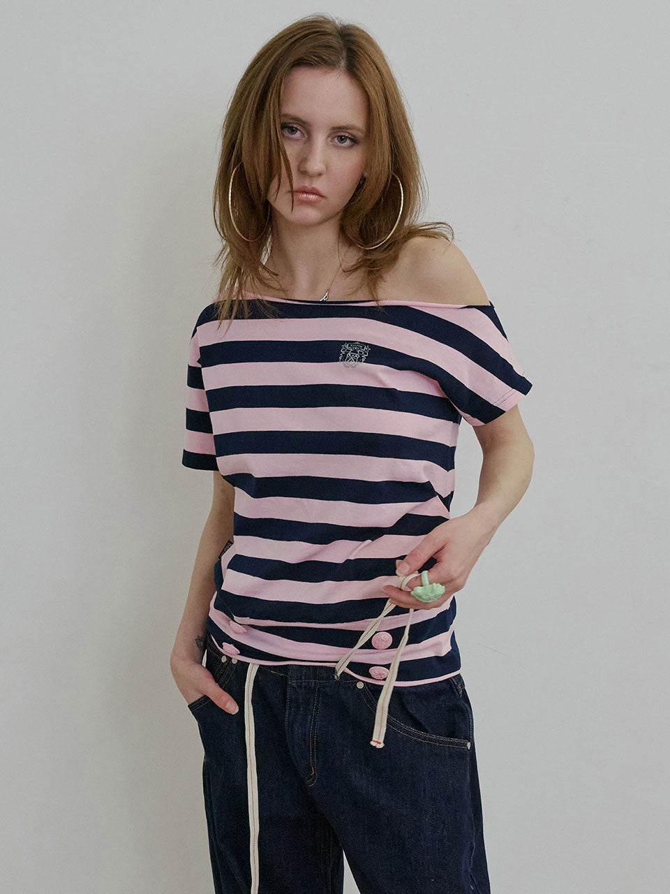 Button Stripe Tee Pink