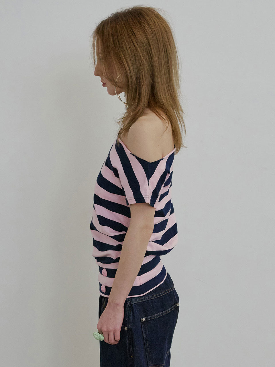 Button Stripe Tee Pink
