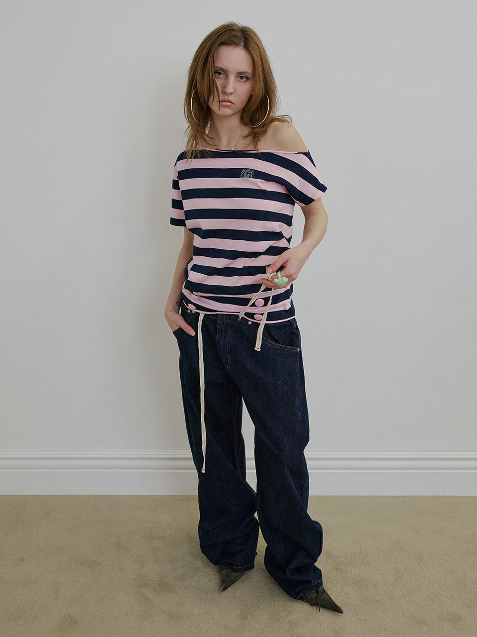 Button Stripe Tee Pink