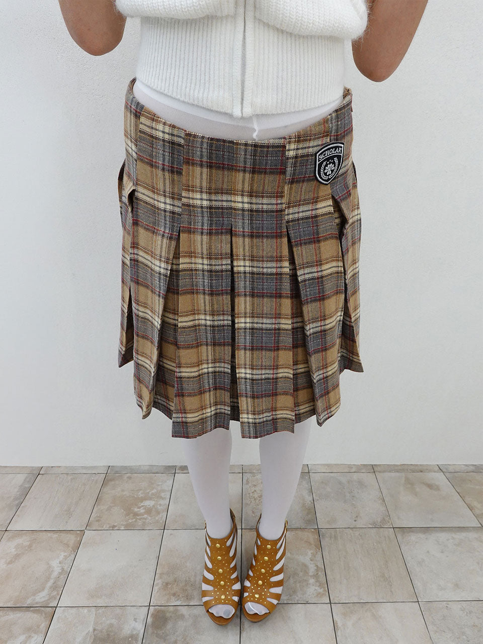 Plaid Pleated Midi Skirt Beige